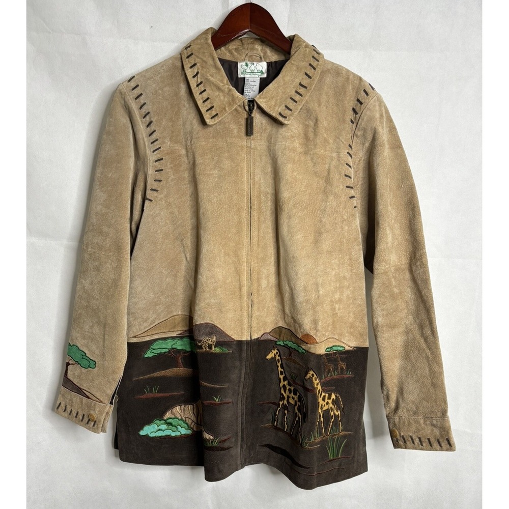 Quacker Factory Leather Jacket Womens L Safari Animals Suede Elephants Giraffe
